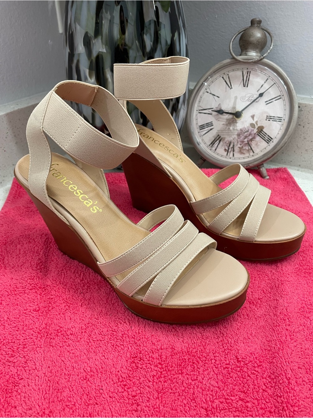 Francesca's Collections Bella Beige Nude Elastic-Strap Wedge Sandals
